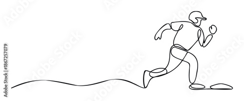 Continuous line drawing of a baseball player running with a ball, ideal for sports marketing, athletic event promotions, and fitness related publications.
