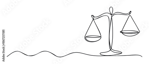 Single line drawing of a balance scale representing fairness and equilibrium, ideal for law related publications, business presentations, and educational resources.
