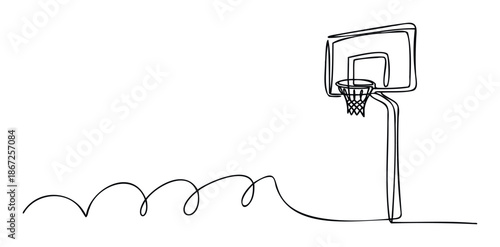 Minimalist one line drawing of a basketball hoop and backboard with a flowing abstract line, ideal for sports branding, athletic marketing, or graphic design projects needing a modern touch.