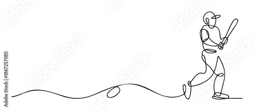 Continuous line drawing capturing a dynamic baseball player in action with a bat, ideal for sports event promotions, athletic club branding, or energetic media content.