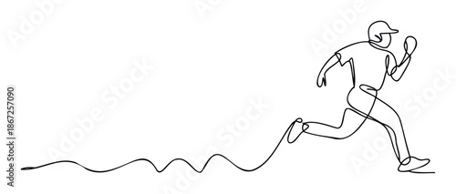 Continuous one line drawing of a dynamic running athlete wearing a cap, perfect for sportsthemed promotions, athletic event posters, or active lifestyle branding materials