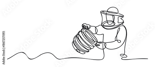 Continuous line graphic depicting a beekeeper in full protective gear extracting a honeycomb frame, suitable for promoting ecological farming and apiary activities
