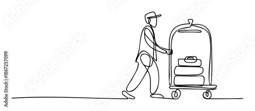 Bellhop pushing luggage cart with stacked suitcases at a hotel, representing hospitality service and travel convenience for accommodation and tourism industry advertisements