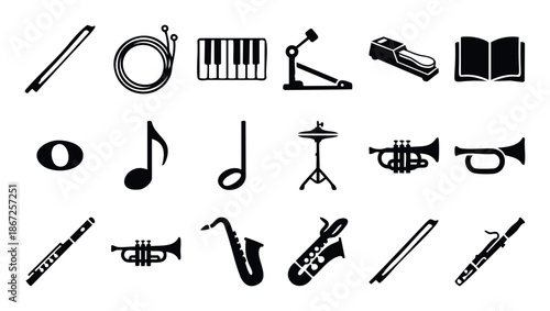 Diverse musical equipment silhouettes featuring piano keyboard, wind instruments like trumpet, saxophone, flute, along with notes and percussion accessories, suitable for educational