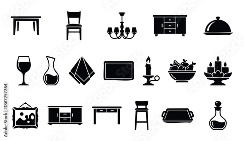 Collection of various black silhouette icons representing dining room furniture, tableware, and decorative elements perfect for household interior and kitchen related graphic projects or