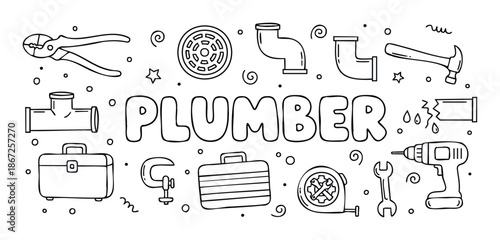 Comprehensive collection of handdrawn plumbing tools and equipment including pipes, wrenches, and a hammer, perfect for plumbing service advertisements or home repair guides.