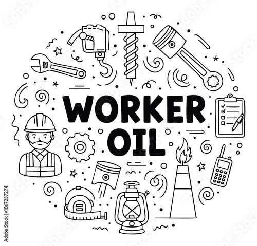 Circular doodle composition featuring worker and oil industry related tools and equipment for energy sector publications, engineering infographics, or industrial supply marketing materials.