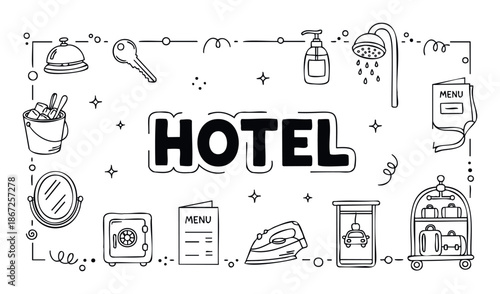 A comprehensive doodlestyle collection of essential hotel services and amenities icons perfect for hospitality industry marketing materials, web graphics, and travelrelated content.