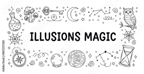 Hand drawn frame with magical elements including a key, moon, owl, compass, hourglass, and mushrooms perfect for mystical events and enchanted themes