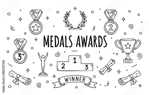 Hand drawn line icons set depicting medals awards trophy winner podium diplomas and laurel wreath perfect for celebrating success achievement and recognition in competitions