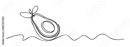 Single line drawing of a sliced avocado fruit with its distinct seed and flowing organic lines, suitable for clean food, healthy lifestyle, or fresh produce promotions