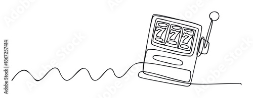 Continuous line drawing of a lucky jackpot slot machine displaying triple sevens, perfect for gambling promotions, entertainment advertisements, or casino marketing materials