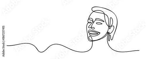 A minimalist continuous line drawing depicting a happy womans face with a joyful expression, perfect for modern graphic projects, elegant branding, or abstract poster designs.