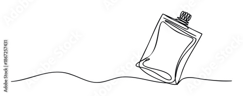 Continuous line drawing of an elegant perfume bottle standing on a wavy surface, perfect for beauty product branding, minimalist decor, or modern cosmetic packaging designs.