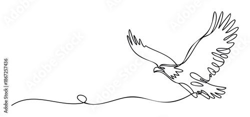 Elegant continuous line drawing of a majestic flying eagle with a flowing tail line, perfect for branding, logos, animal motifs, nature themes, or serene decor projects.