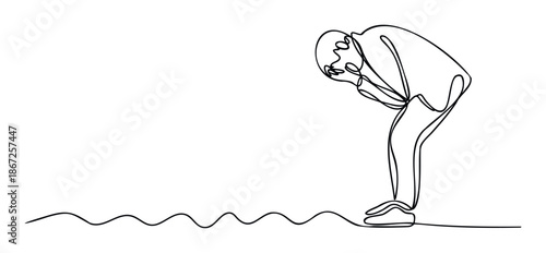 Continuous line drawing of a person experiencing profound sorrow and despair, ideal for minimalist graphic representations of emotional struggle or mental health awareness content.