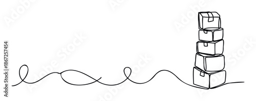 Dynamic continuous line graphic representing a journey from abstract shapes to a stable stack of five delivery boxes, ideal for illustrating logistics, ecommerce, or postal service concepts.