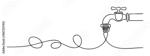 Simple single continuous line drawing of a water faucet connected to a flexible winding garden hose, suitable for illustrating themes of water supply, irrigation, and outdoor utility.