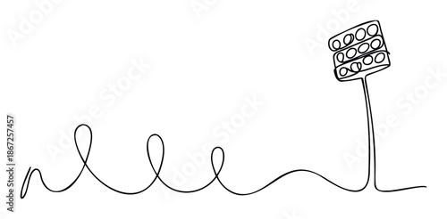 Dynamic one line drawing of a stadium floodlight connected by a looping energy path, suitable for sports marketing, presentation backgrounds, or modern technologythemed visuals.