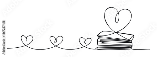 A continuous black line drawing gracefully forming multiple small hearts leading to a stacked pile of books topped with a large heart, symbolizing love for reading and knowledge acquisition.