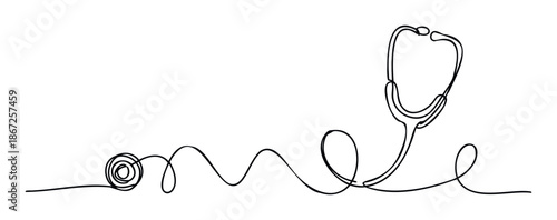 Minimalist one line drawing of a medical stethoscope symbolizing health and wellness for healthcare presentations educational materials and professional branding