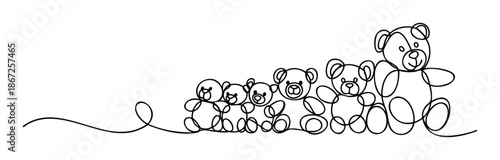 Continuous line drawing depicting a family of teddy bears growing in size, perfect for childrens stories, educational materials, or heartwarming familythemed projects