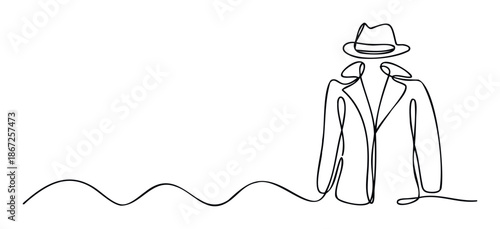 Minimalist continuous line drawing depicting a mysterious detective figure in a trench coat and fedora hat, perfect for crime mystery narratives, secret agent promotions, or modern branding