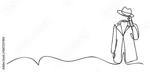 Continuous line drawing of a mysterious person wearing a fedora hat and trench coat, perfect for modern visual communication and abstract storytelling projects.