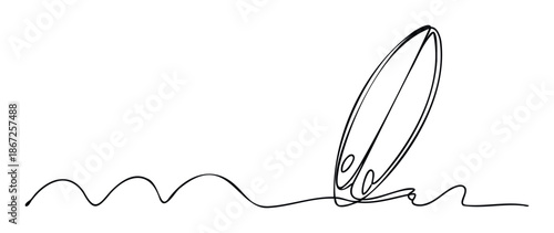 Continuous line drawing of a surfboard standing on a wave perfect for summer vacation themed promotions beach lifestyle sportswear branding and simple holiday travel marketing materials.