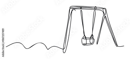 Elegant continuous line drawing of a classic playground swing set, perfect for childrens leisure concepts, educational materials, or minimalist graphic projects and web applications