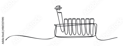 Minimalist continuous line drawing depicting a laboratory test tube rack with multiple tubes perfect for scientific research, education, or healthcare related presentations and materials