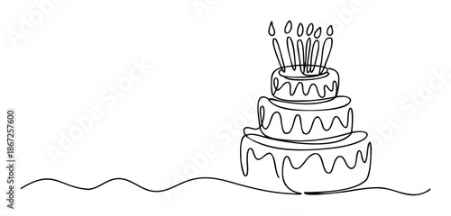 Simple elegant continuous line drawing of a threetiered birthday cake with six lit candles perfect for anniversary celebration invitations and festive party graphics.