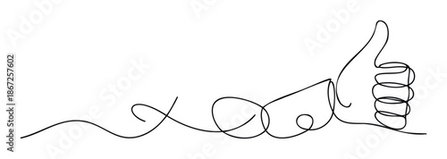 Continuous line drawing of a hand showing a positive thumbs up gesture, symbolizing success and approval for business presentations and social media posts.