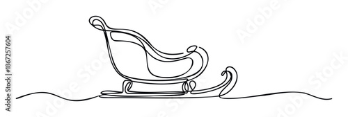Elegant continuous line drawing of Santas sleigh gliding over a snowy landscape, perfect for holiday greetings, winter themed events, or festive seasonal marketing campaigns.
