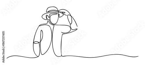 Minimalist continuous line art illustration showing a romantic embracing couple with one wearing a hat, suitable for elegant home decor, modern stationery, or relationshipthemed marketing