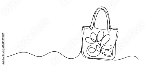 Minimalist continuous line drawing depicting an ecofriendly fabric shopping tote bag with an abstract organic pattern, perfect for sustainable living promotions or retail graphics