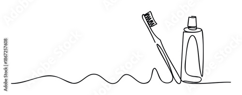Continuous line drawing of oral hygiene products featuring a toothbrush and toothpaste tube suitable for dental care advertisements and health consciousness campaigns
