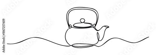 Continuous line drawing of a traditional kitchen kettle for boiling water or preparing hot beverages, perfect for minimalist home decor, kitchen appliance catalogs, or culinary blog