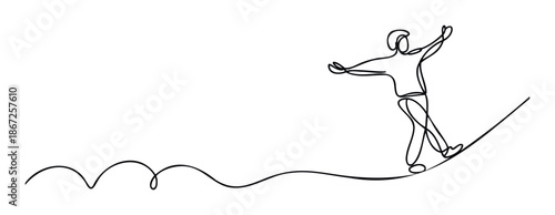 Simple line drawing of a person balancing on a tightrope, symbolizing challenges, skill, and overcoming obstacles for presentations and motivational content