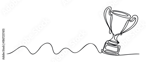 Minimalist continuous line drawing of a winners trophy cup with an energetic wavy line, ideal for symbolizing achievement, progress, and success in modern graphic designs.