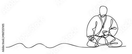 Continuous line drawing of a person sitting in a traditional martial arts gi, embodying peace and discipline, perfect for health, wellness, and fitness related marketing campaigns.