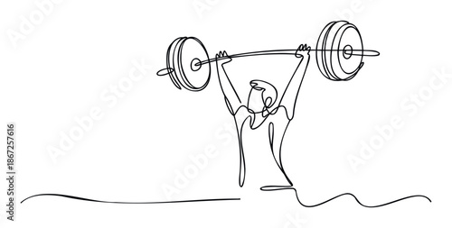 A continuous line drawing of a person successfully performing an overhead weightlift with a barbell, ideal for sports, fitness, and strength training promotions