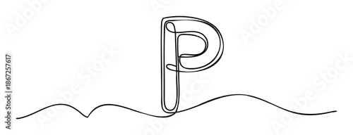 Elegant single line drawing of the uppercase letter P connected to a smooth flowing underscore, ideal for minimalist branding, initial typography, and modern graphic design projects.