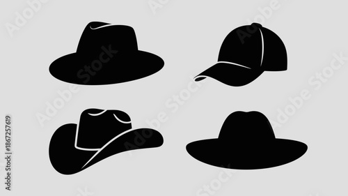 a minimalist graphic illustration showcases four distinct silhouettes of hats including a fedora a baseball cap a cowboy hat and a classic brimmed hat against