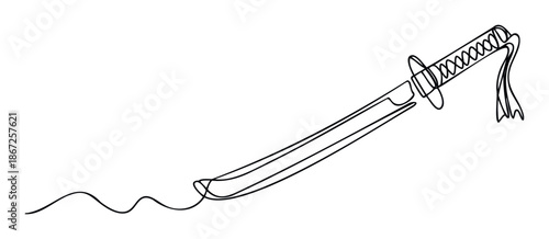 Sleek single stroke rendition of a traditional Japanese katana sword, embodying precision and warrior spirit, suitable for gaming interfaces, cultural events, or symbolic brand imagery.