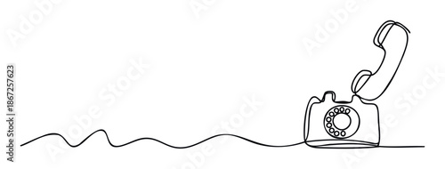 Continuous line drawing of an oldfashioned rotary telephone with the receiver off the hook, representing traditional communication and establishing connection, suitable for