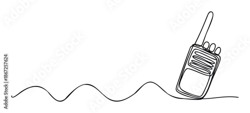 Continuous line art featuring a modern walkie talkie connected by a flowing wavy signal design, perfect for technology communication graphics and minimalist project visuals.