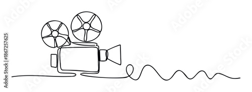 Continuous line drawing of a vintage movie film camera with film reels and a wavy film strip, perfect for filmmaking industry or entertainment presentations and branding.