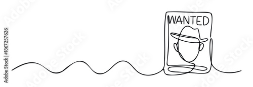 A continuous line drawing of a wanted poster with a hat on a faceless figure, symbolizing mystery and search, perfect for crime fiction themes, detective stories, or dramatic visual content