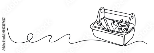 Continuous line drawing of an open metal toolbox filled with essential hand tools like wrenches and pliers, perfect for construction, repair, and maintenance industry presentations or